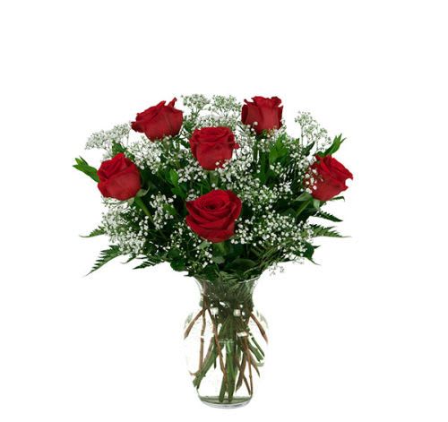 6 Red Roses - 6 red roses arranged in a glass vase with added greenery and baby's breath.