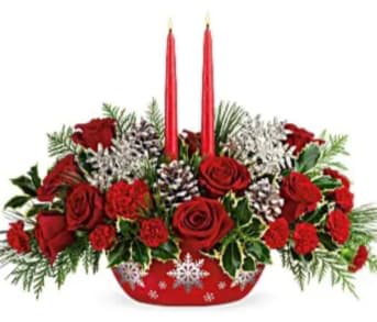 Crimson and Snowflakes Centerpiece - A red ceramic bowl filled with winter pine, cedar, and balsam greenery, pinecones, snowflakes and red roses.....topped off with two red taper candles, and you have our best holiday value of the season! Send as a gift or put on your own holiday table.  At $59.99, this is a lovely value and centerpiece!! 
