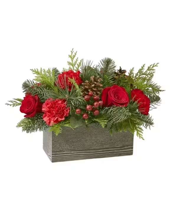 Rustic Christmas Box - Inspired by the rustic outdoors of the holiday season, our Rustic Christmas Box brings natural beauty indoors. Filled with red roses, red carnations, green trick dianthus and assorted Christmas greens in a weathered wooden box, your loved ones will be delighted with this gift. Perfect as a centerpiece or decor in their home, this bouquet helps brighten up any occasion this Christmas.  For long–lasting blooms, add water daily.