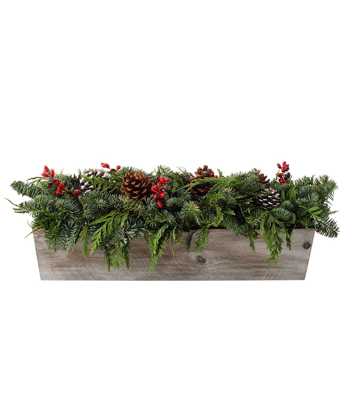 Fresh Christmas Greenery Box - Mixture of all of our on hand fresh winter greens. One of our talented designers will custom make the box of your choosing. The box will also come with a mix of berries and pinecones. Picture shown is a Premium arrangement.  Please note the bouquet pictured reflects our original design.  If the exact flowers or container in this arrangement are not available, we will sub for the freshest available flowers equal to or greater in value and closest available container.
