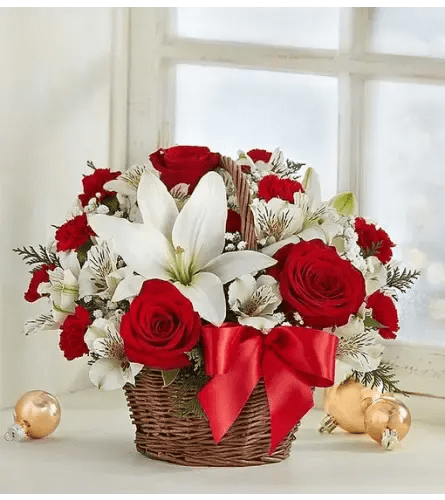 Holiday Fields Basket - Surprise your loved ones this holiday season so they know how special they are to you. Christmas is a time to give, accompany, and the best way to do it is with this Christmas arrangement of Roses and Lilies. Take advantage of this ideal moment to enjoy and meet those you love the most!  Arrangement composed of Roses, Lilies and Alstroemeria with ornamentation in a wood colored wicker basket and a red decorative ribbon.  Please note the bouquet pictured reflects our original design.  If the exact flowers or container in this arrangement are not available, we will sub for the freshest available flowers equal to or greater in value and closest available container.