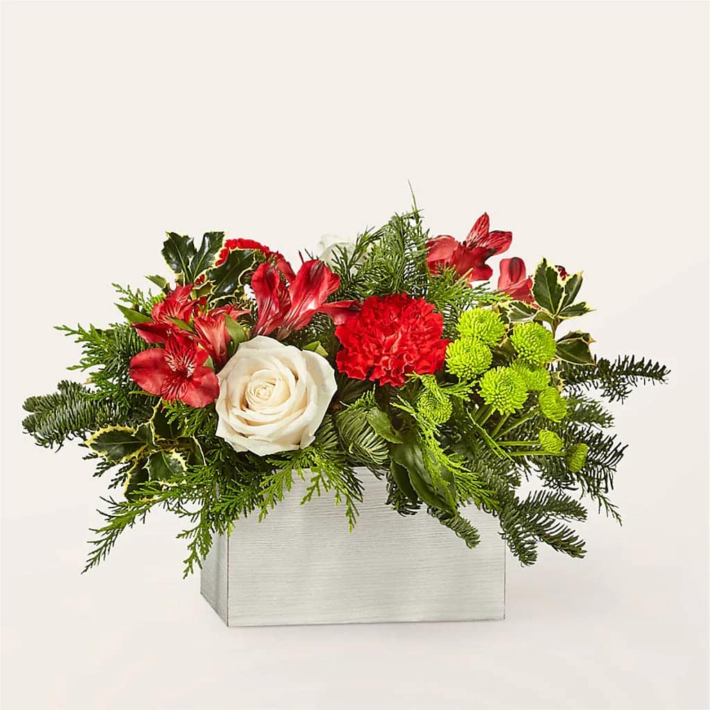 Winter Blooms Box - Dress the table scape in winter wanderlust with our Winter Blooms Box and add an air of sophistication with the elegance of white roses. The holly lays over a white wooden box, perfect for a tasteful holiday gathering. white roses,  red carnations, red alstroemeria, green button poms and a mix of seasonal christmas greens.   Please note the bouquet pictured reflects our original design.  If the exact flowers or container in this arrangement are not available, we will create a beautiful bouquet with the freshest available flowers and closest available container.