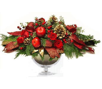 Christmas Compote  - Enjoy Mixed Christmas Flowers, Greens, Berries, Apples, Pine Cones Etc arranged in Glass Footed Bowl. 