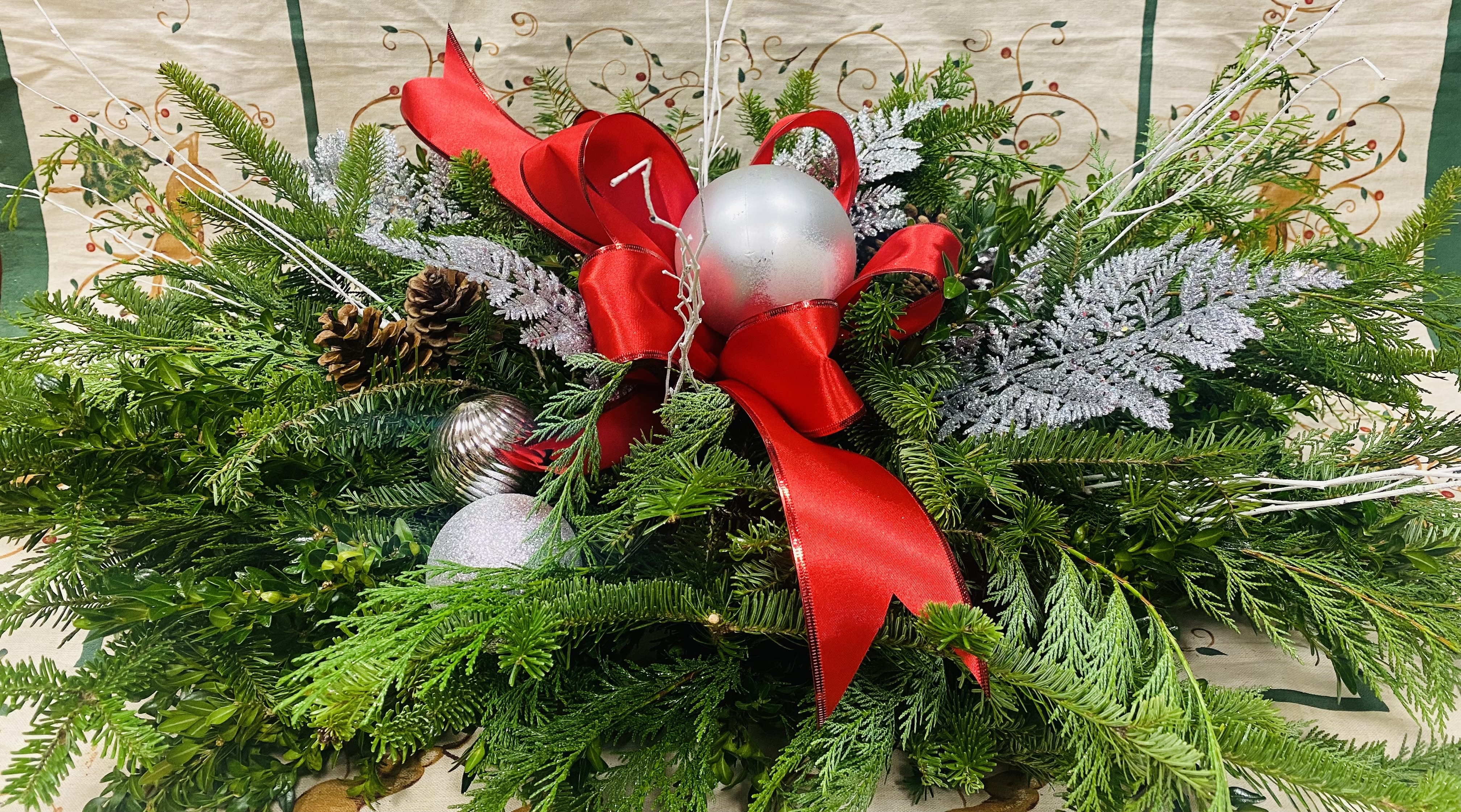 Grave Blanket - Lost Loved Ones Remembered This Holiday Season w/ Winter Foliage and Christmas Ornaments