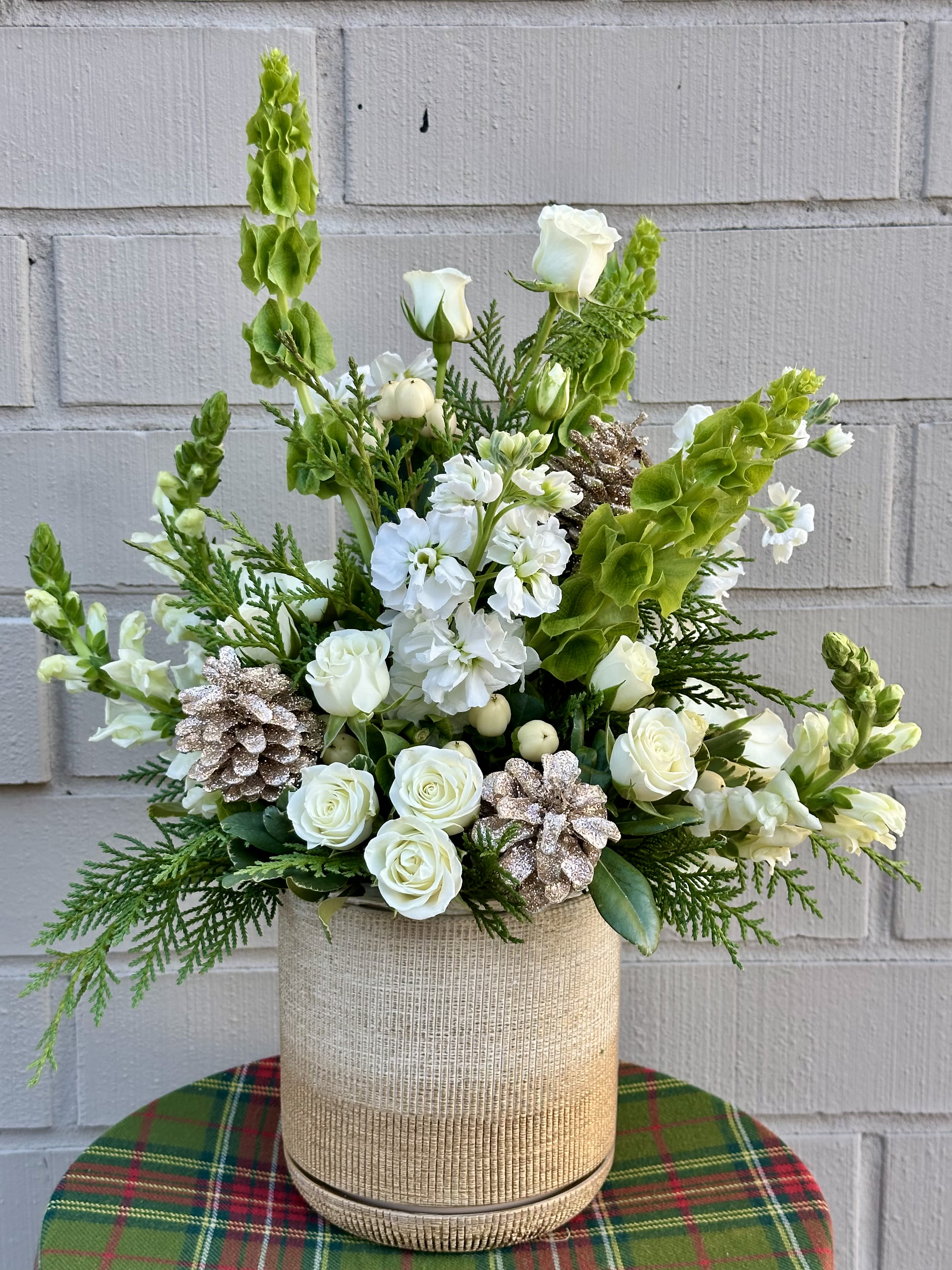 Alpine Snow  - A mixture of White and Green Flowers, along Pine Cones and Winter Greens.  Arrives in a Cream and Tan Ceramic Planter. 