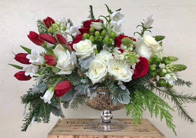 Holiday Arrival - White Roses , Red Tulips Bells of Bethlehem green in special glass vase