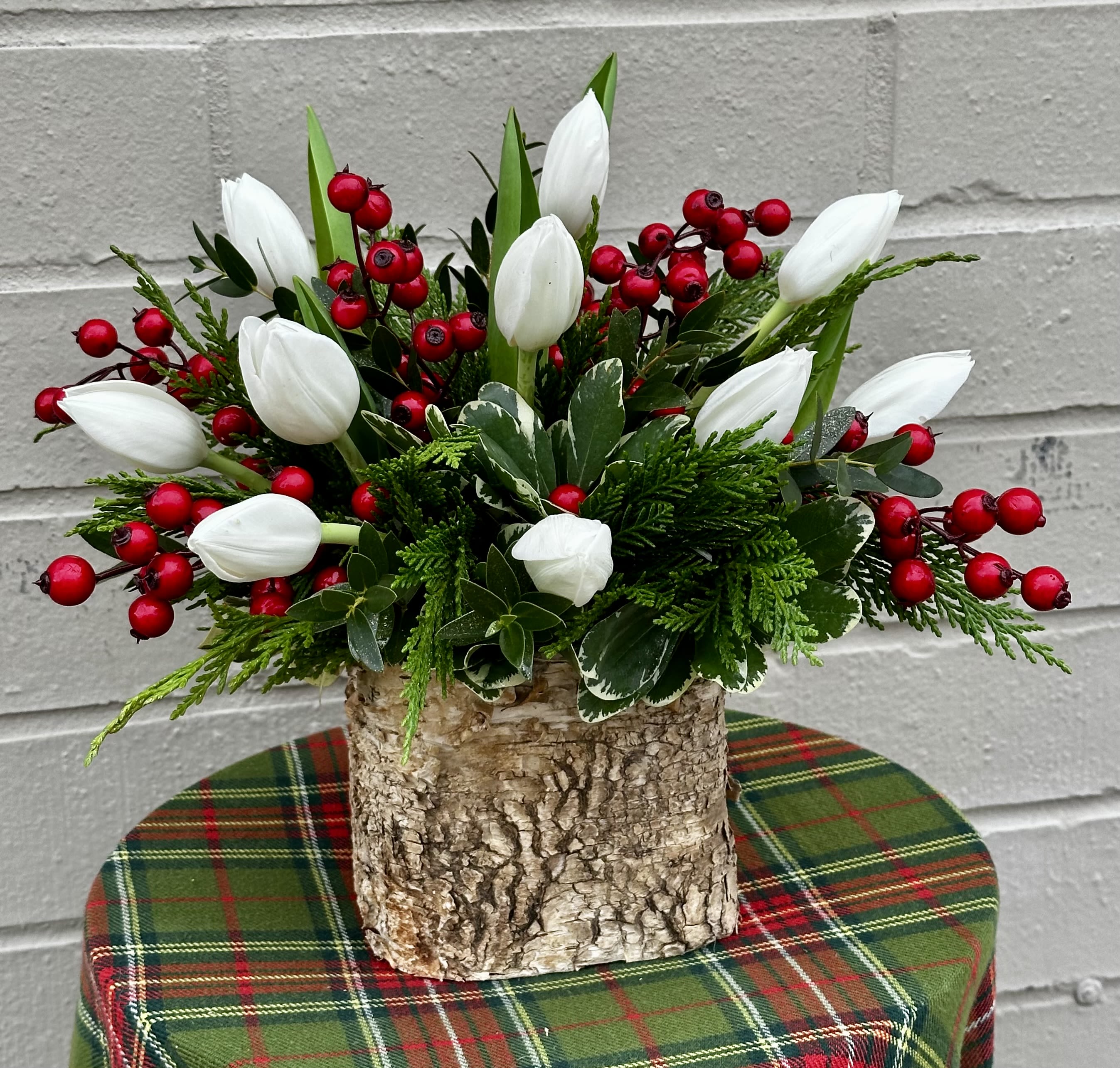 Moon Light Tulips  - Enjoy These Bright White Tulips Mixed With Red Berries  and Winter Greens, Arrives in a Bark Wrapped Cube!  