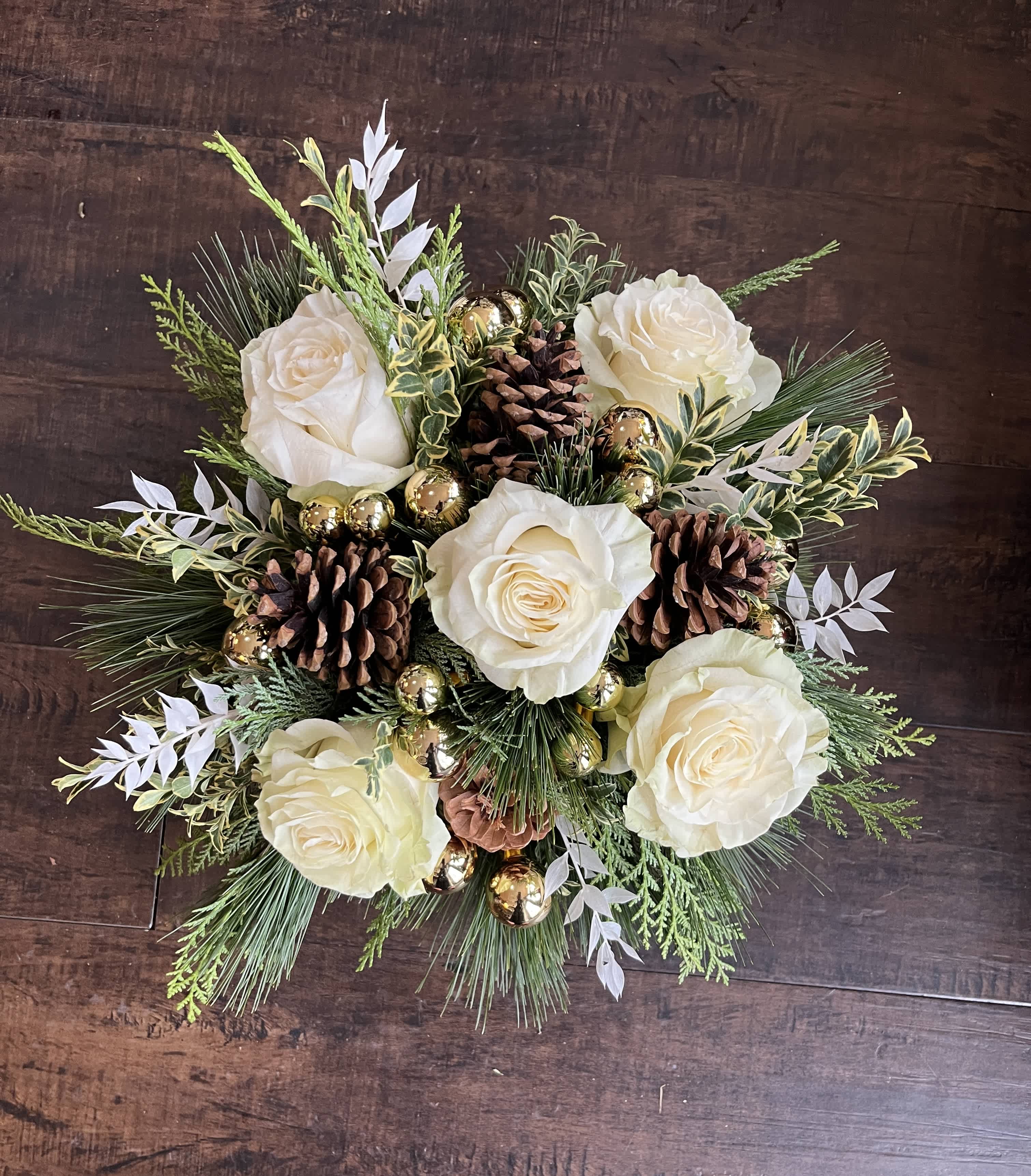Winter Evergreen Square Box - 12" x 12" - Low Centerpiece - Evergreen Box with white roses and holiday accents and gold balls in a low square box. 