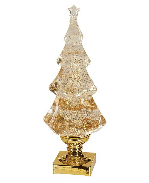 Gold Glitter Light Up Swirling Tree - This Glittering Christmas tree with gold tone mirror pedestal base; Emits a soft sparkling glow when illuminated •Made of acrylic; Measures approximately 14 inches tall •Requires two (2) AA batteries- not included; Manual on/off switch for easy display and use •Perfect for displaying on a shelf or mantel as a decorative statement piece •Carefully packaged in a fitted box for easy gifting and storage 