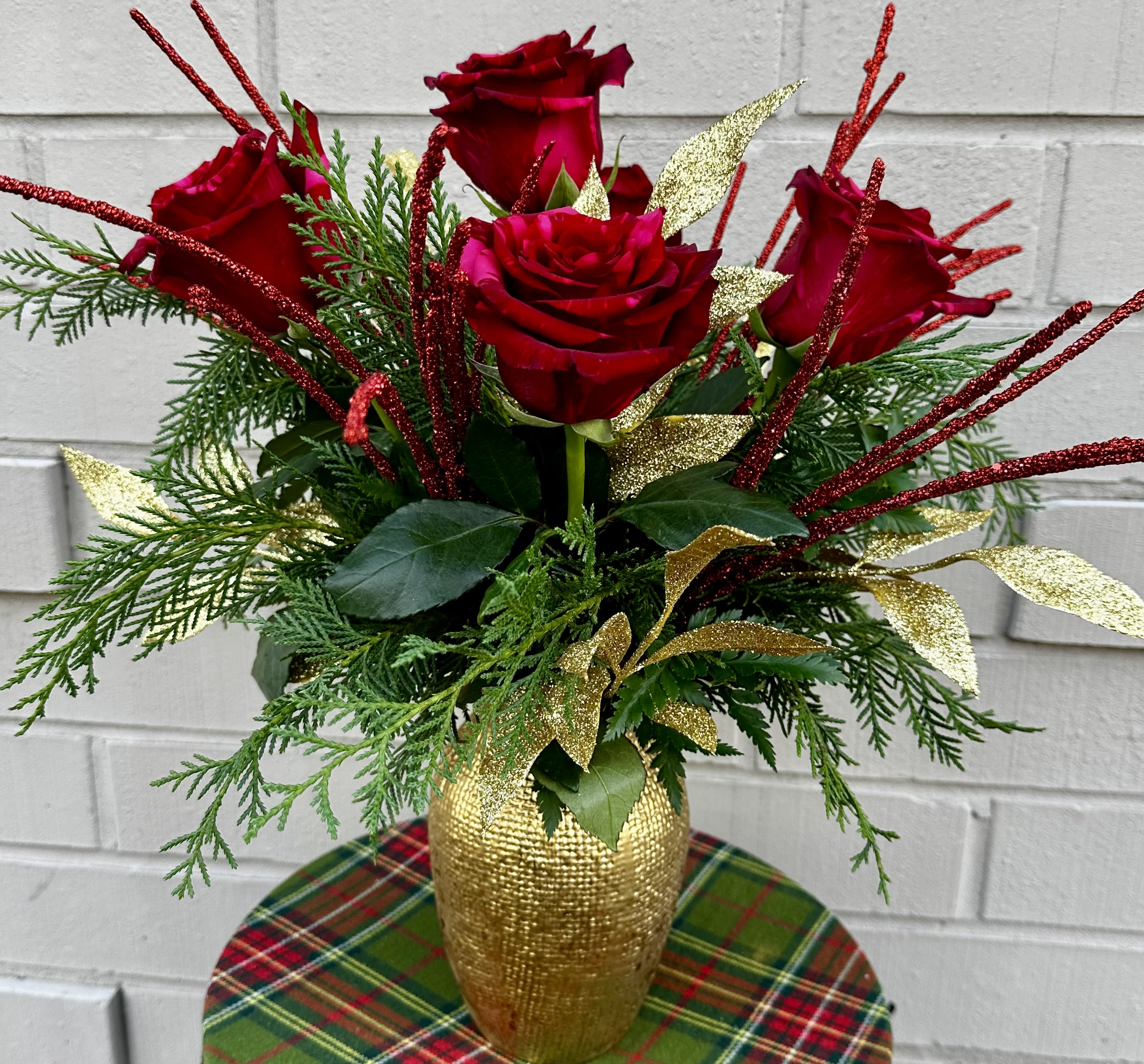 Festive Roses  - 6 Red Roses With Gold and Red Sparkle Accents in a Gold Vase. 