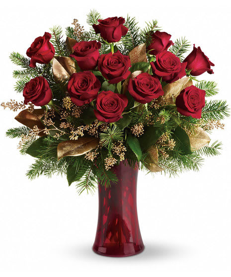 Christmas Red Roses  - Long Stem Premium Red Roses are Beautifully designed with a touch of gold glitz!