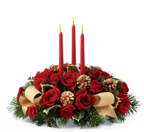Celebration of the Season Centerpiece - Celebration of the Season™ Centerpiece is a grand display of holiday elegance. Red roses pop against a backdrop of assorted holiday greens and variegated holly that beautifully encircle three red taper candles. Accented with gold pinecones and gold metallic brocade ribbon, this centerpiece creates a warm and enchanting glow to benefit their holiday festivities.
