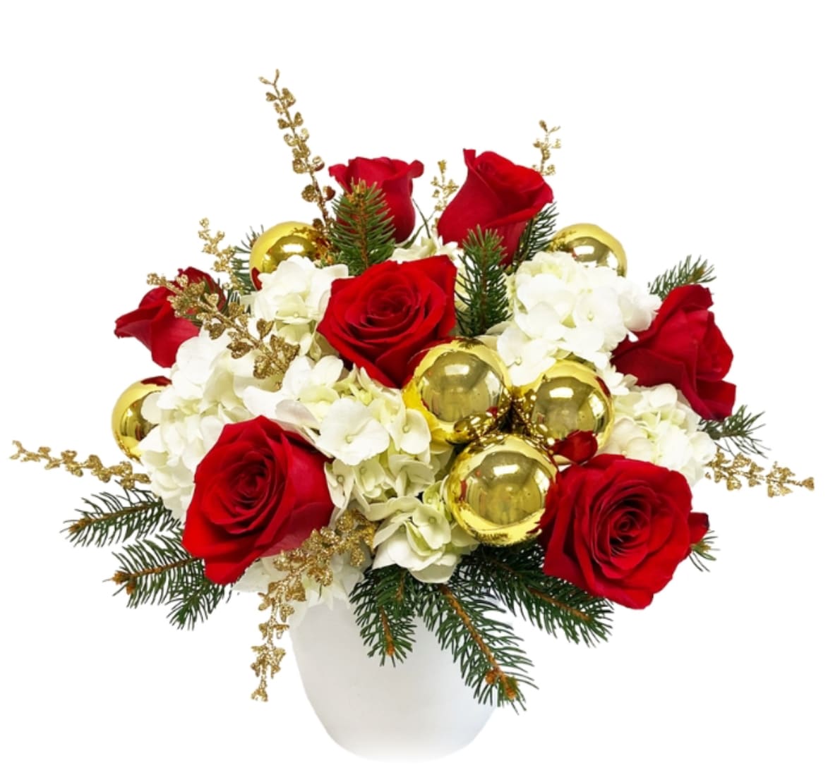 Christmas Arrangement in a Ceramic Pot  - Arrangement created in a ceramic pot with flowers and ornaments in red, white and gold colors. 