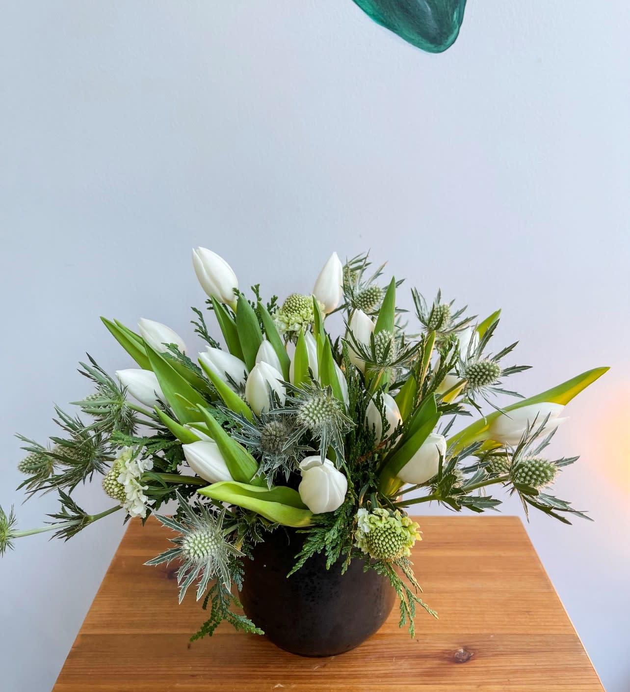 White Wishes - Tulips are back for the season. We designed a beautiful arrangement with White Tulips, silver Thistle and seasonal greens in a 5" vase.