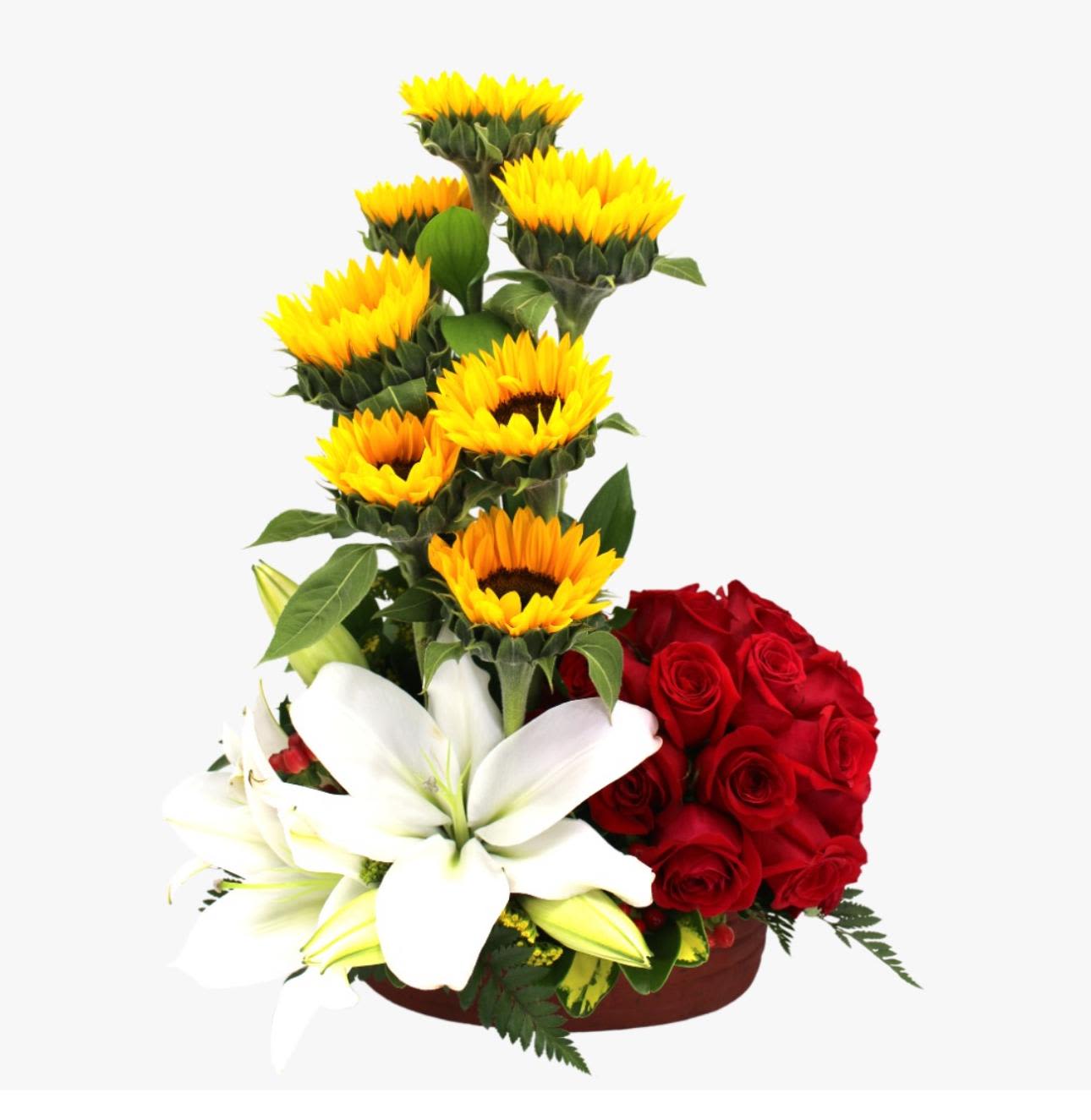 Sunlit Elegance -  Fabulous floral arrangement with roses, accompanied by sunflowers and lilies, surrounded by fine foliag