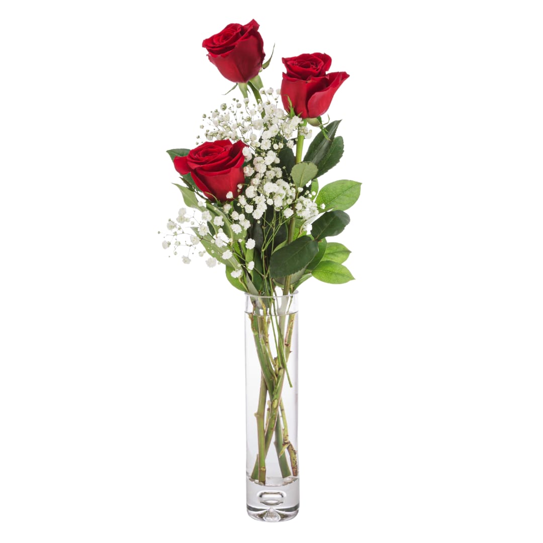 XO Bud Vase - Classic roses in a vase with assorted foliage and accents. Roses are available in a variety of colors. Please specify color preference in delivery instructions. If we do not have the color you request we will reach out to discuss options.  