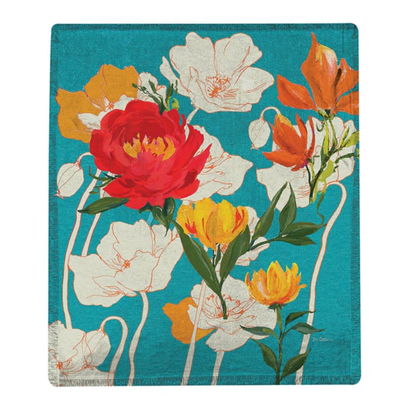 Peony &amp; Poppies Poly Throw - The Peony And Poppies Poly Throw is a versatile blanket that can be used in many ways. It's perfect for picnics, camping trips, or even as a tablecloth. Our Poly Throws are made of durable polyester fabric with vibrant colors and casual, cozy patterns that will brighten up your space.