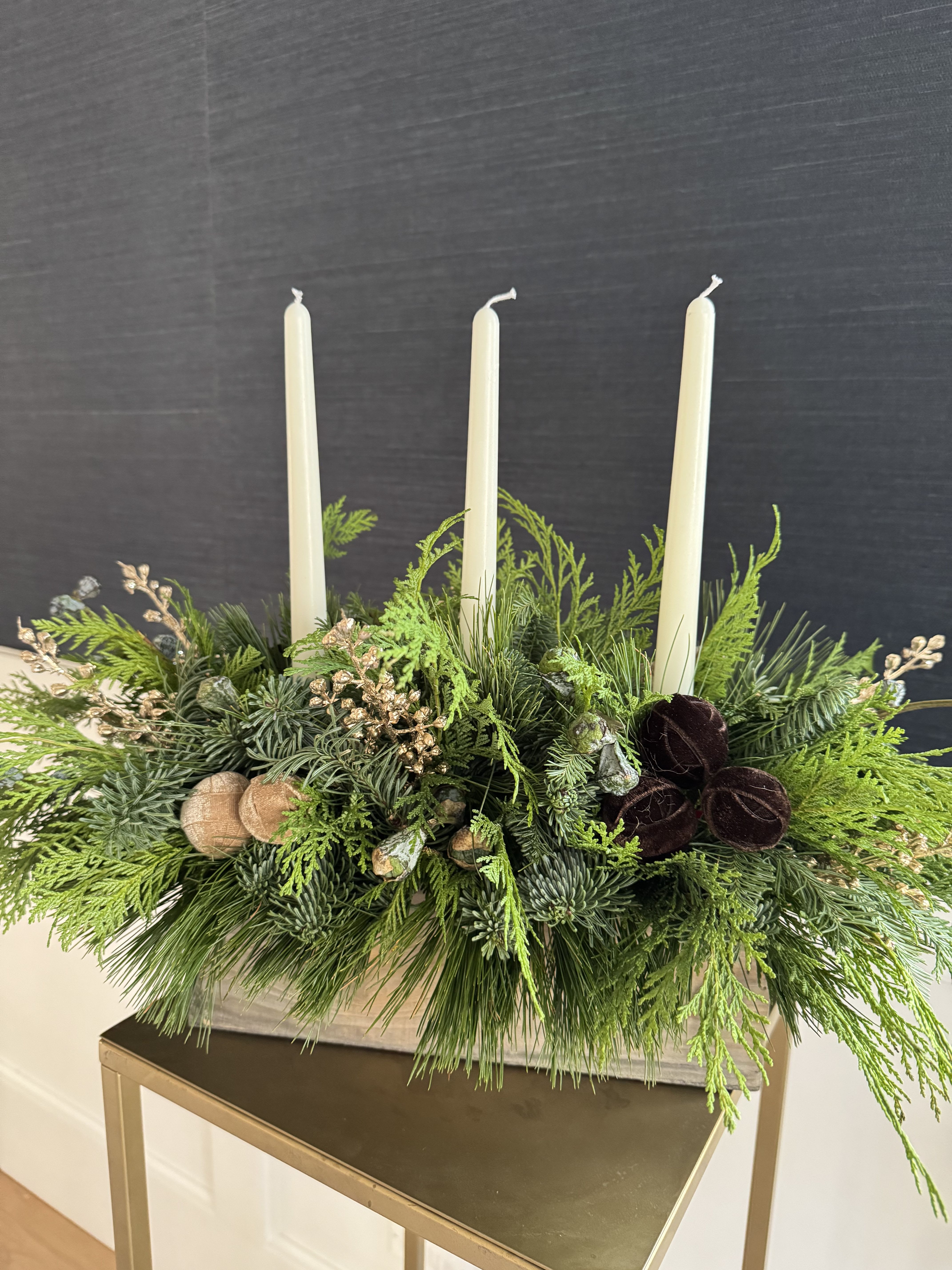 Winter Greens Candle Box - Long box of fresh winter greens with holiday charm.