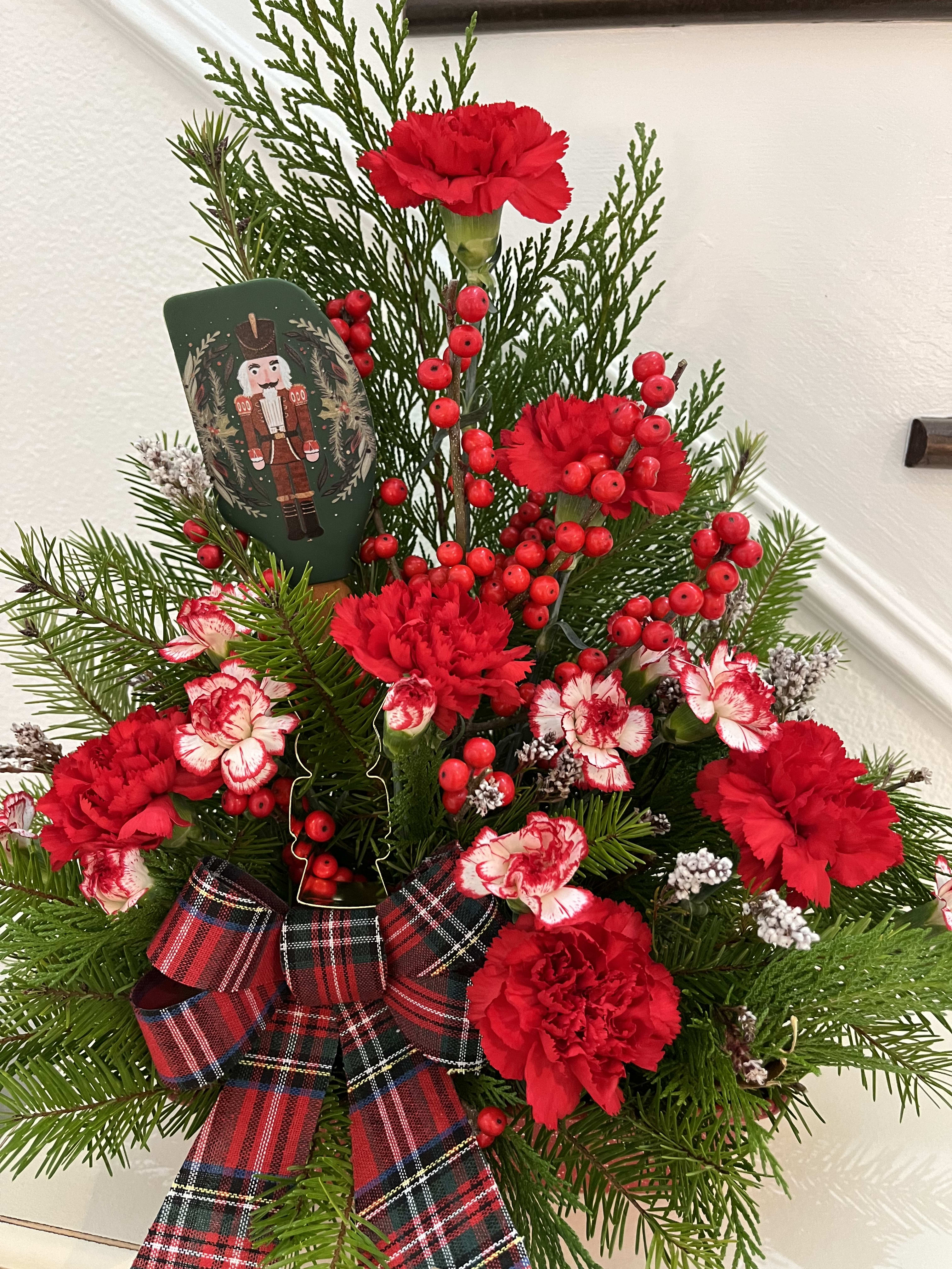 Christmas in the kitchen  - Bouquet of carnations, Christmas greens, with a cute spatula, loaf pan and cookie cutter 