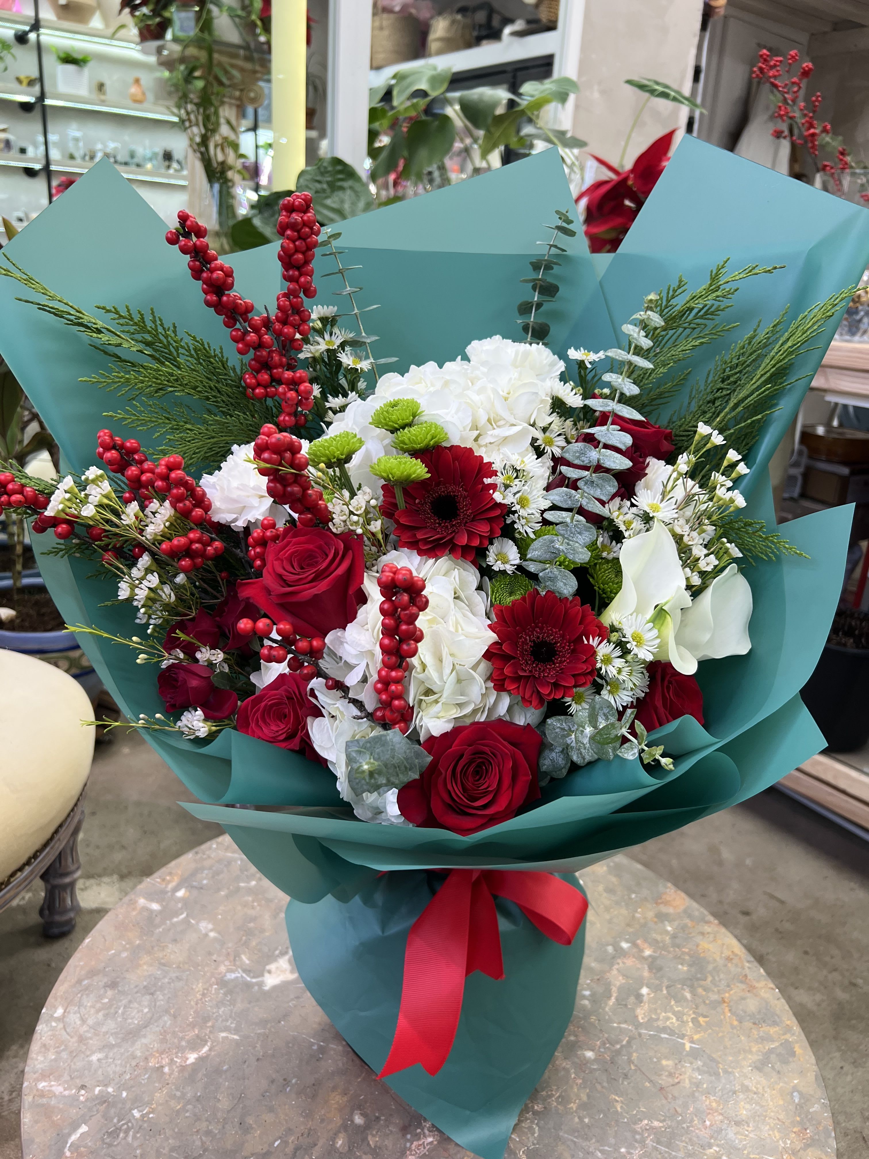 Lalic Winter Mix Bouquet  - A festive mix of winter berries, roses, and hydrangeas — handcrafted to bring holiday elegance to your home