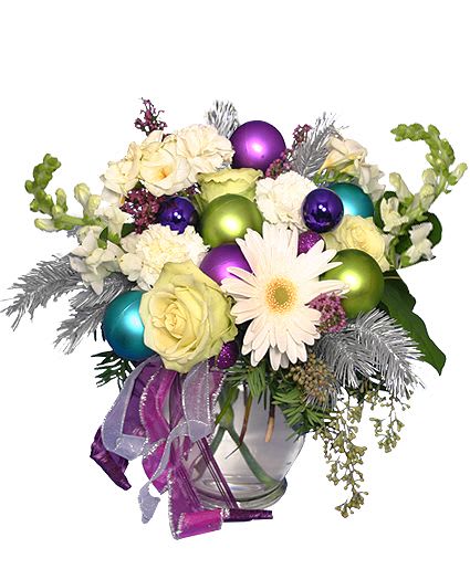CHEERS! WINTER FLOWERS  - Ginger Vase , Foliage: Seeded Eucalyptus, Assorted Greens, White Carnations, White Gerberas, Jade Green Roses, White Snapdragons, White Freesia, Heather, Silverpainted Pine, Assorted Millimeter Balls (Purple, Teal, Violet, Jade Green), Ribbons.