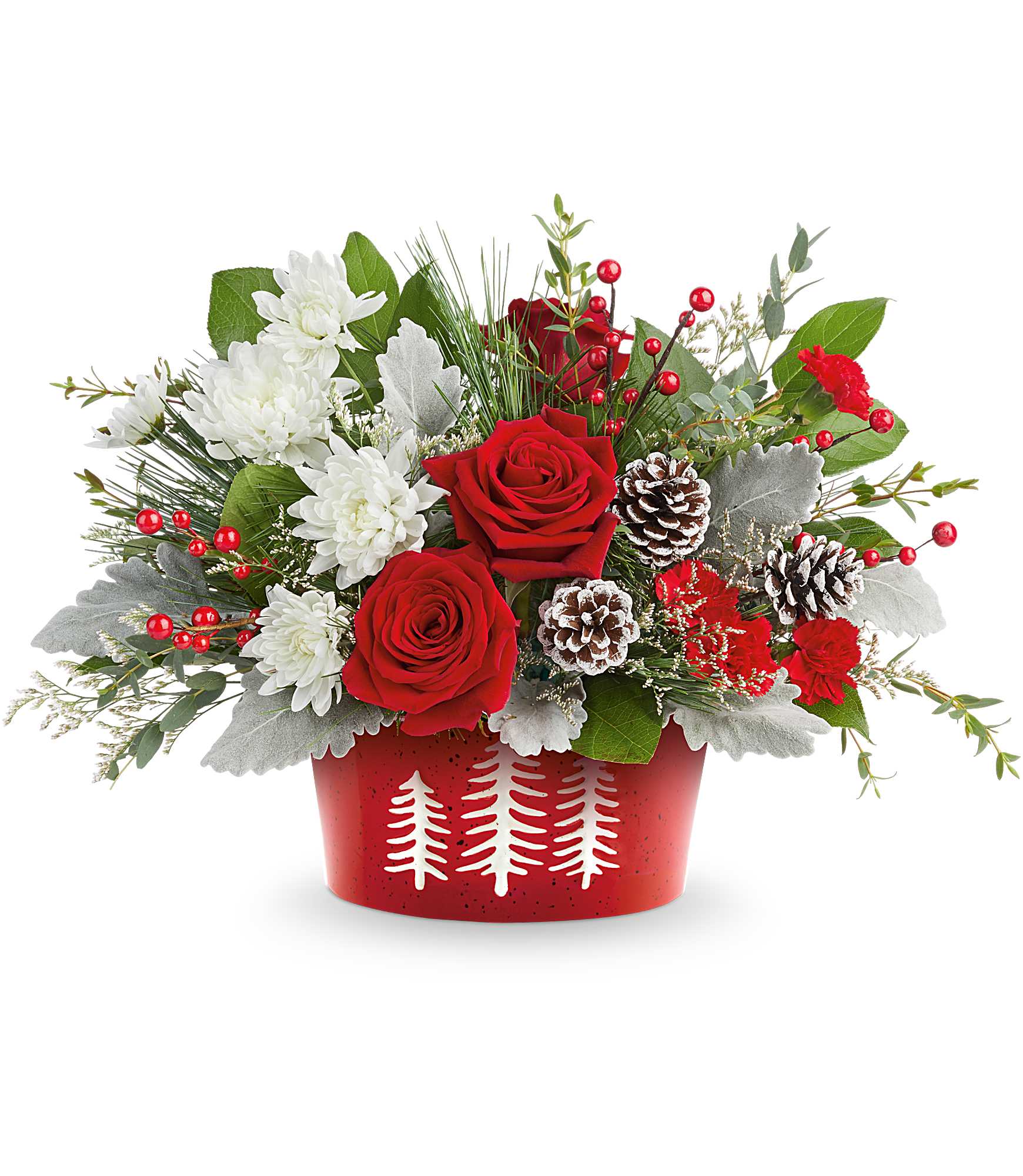 Snowy Pines Centerpiece - Celebrate the season with our Snowy Pines Centerpiece. Bursting with red roses and white blooms in our Snowy Pines Dish, this festive design brings winter magic to Christmas tables and holiday gatherings.