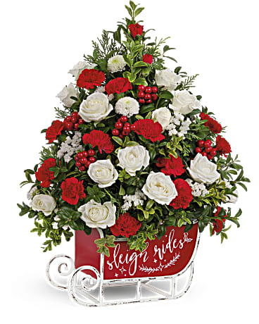 Festive Sleigh Tree Bouquet - Wow them this Christmas with a fresh, fabulous tree arranged in a whimsical metal sleigh! The vintage keepsake will be a holiday treasure for seasons to come. This eye-catching arrangement features white button spray chrysanthemums, miniature red carnations, white sinuata statice, English boxwood, cedar and oregonia. Delivered in Teleflora's Vintage Sleigh Ride Keepsake.