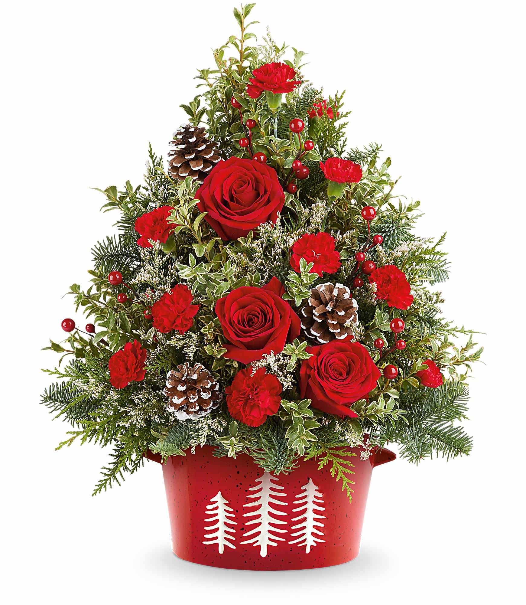 Holiday Traditions Tree - Bring holiday cheer home with our Holiday Traditions Tree. This festive floral tree of red roses, holiday greens, and pinecones is hand-arranged in our Snowy Pines Dish-perfect for tabletops or holiday gifting.