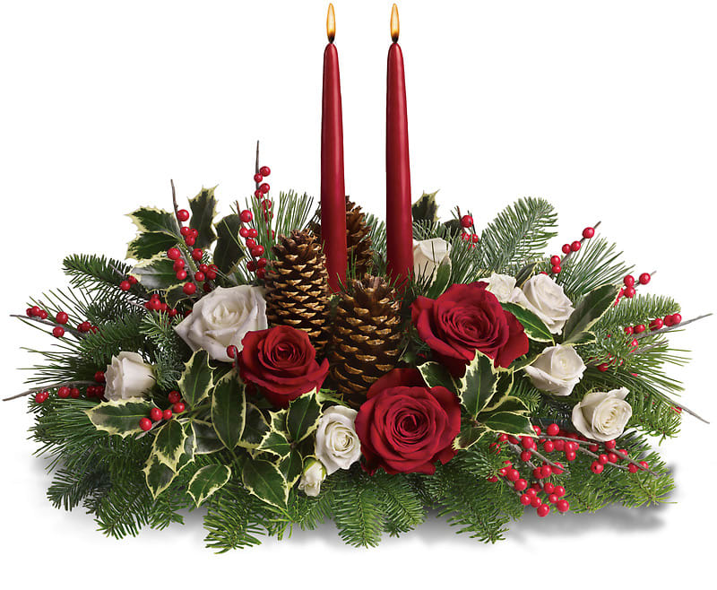Holiday Wishes Centerpiece - Your wishes for a classic Christmas centerpiece have come true! This elegant centerpiece features two glowing red taper candle with red and white roses.