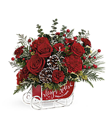 Vintage Sleigh Ride Bouquet - Dashing through the snow in a flower-filled open sleigh! Fun and festive, this vintage metal keepsake sleigh is the perfect vehicle for a joyful holiday bouquet. Red carnations, miniature red carnations and white limonium are accented with cedar, spiral eucalyptus, white pine, seeded eucalyptus and variegated holly. Delivered in Teleflora's Vintage Sleigh Ride Keepsake.