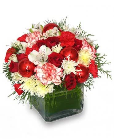 FROM THE HEART HOLIDAY BOUQUET  -  This stunning arrangement is sure to bring cheer anywhere!  Variegated Aspidistra Leaf, Seasonal Evergreens, Red Spray Roses, White Snowflake Poms, White Alstroemeria, Red Mini Carnations, White &amp; Red Peppermint Carnations, Red Millimeter Balls . 