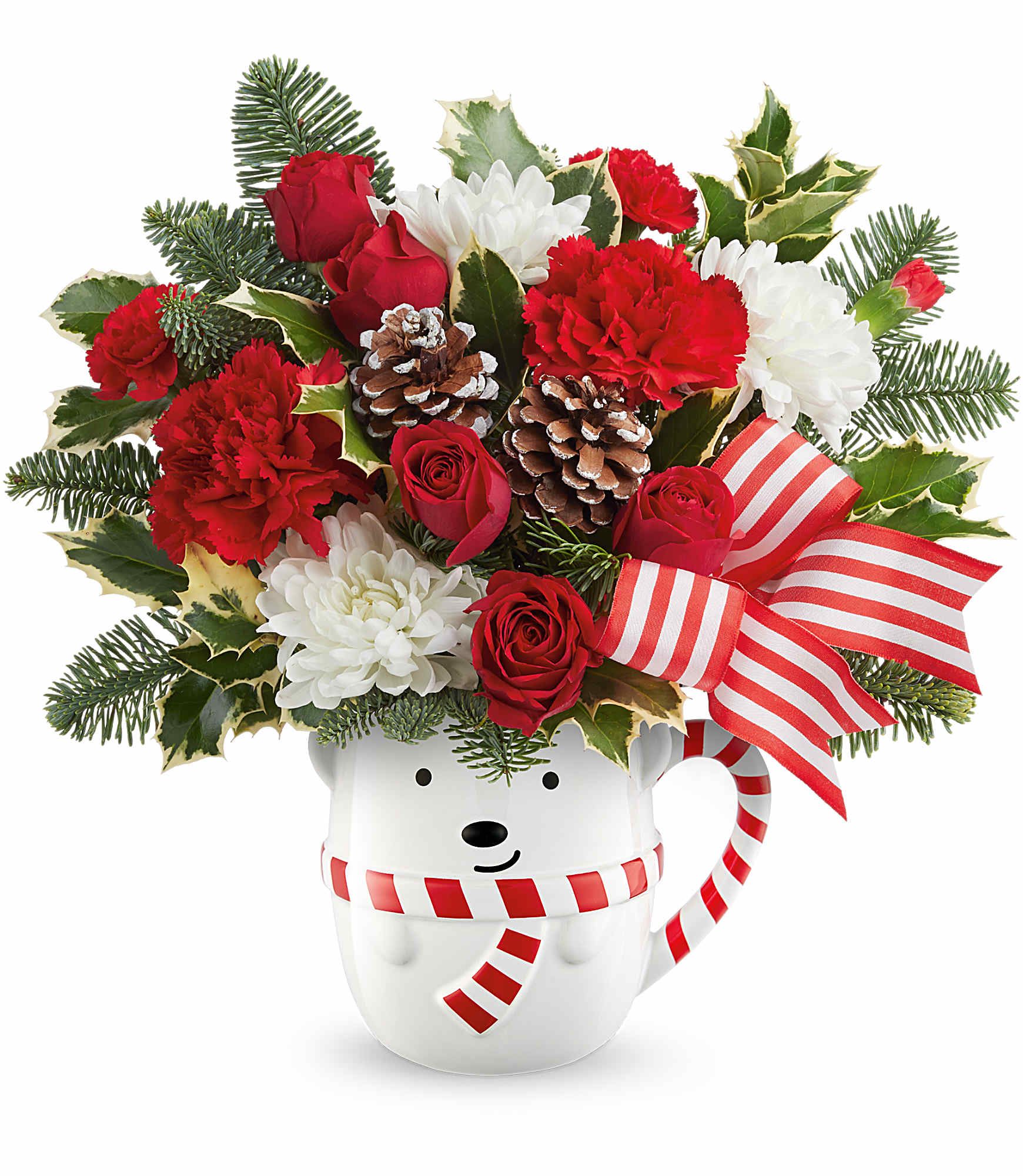 Send a Hug Cozy Cub Wish Bouquet - Send warm holiday hugs with our Send a Hug® Cozy Cub Wish Bouquet! Festive red blooms and fresh greens arrive in our adorable bear mug-perfect for Christmas cheer and cozy winter gifting.