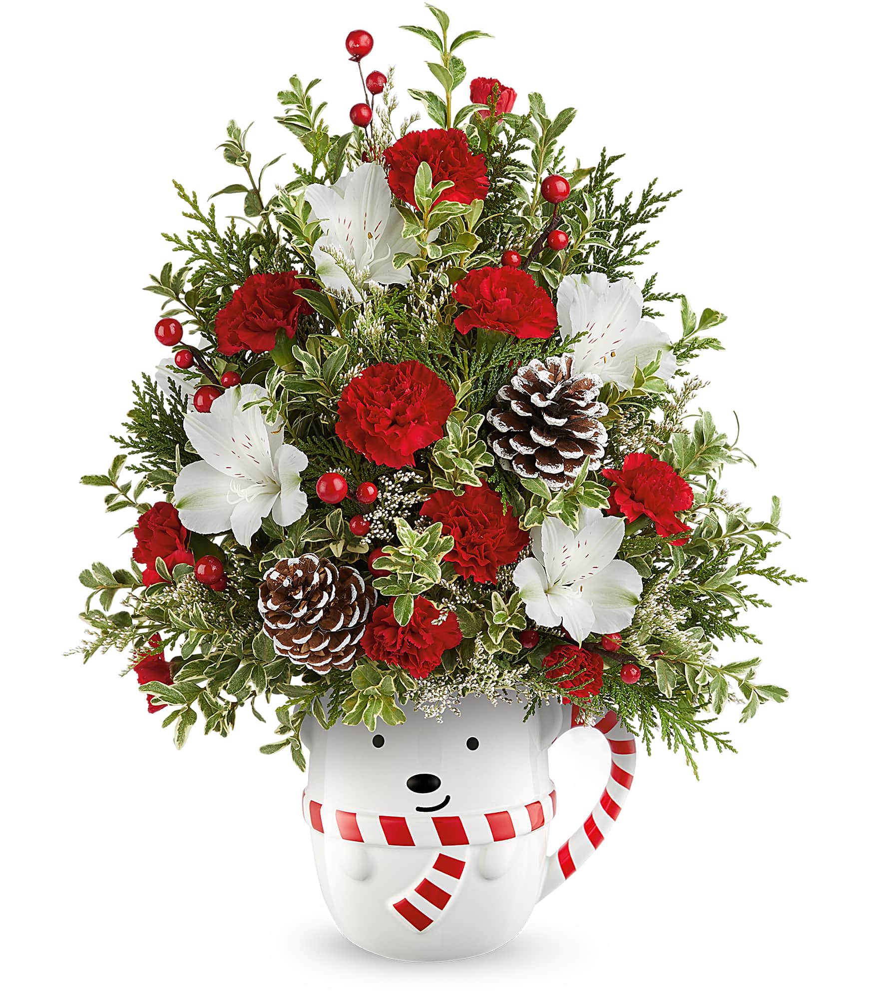 Send A Hug Snowy Lane Tree - Send A Hug® Snowy Lane Tree is a festive floral Christmas tree bursting with white alstroemeria, red blooms, and winter greens. Arranged in our Cozy Cub Wish Mug; it's a cheerful holiday surprise.