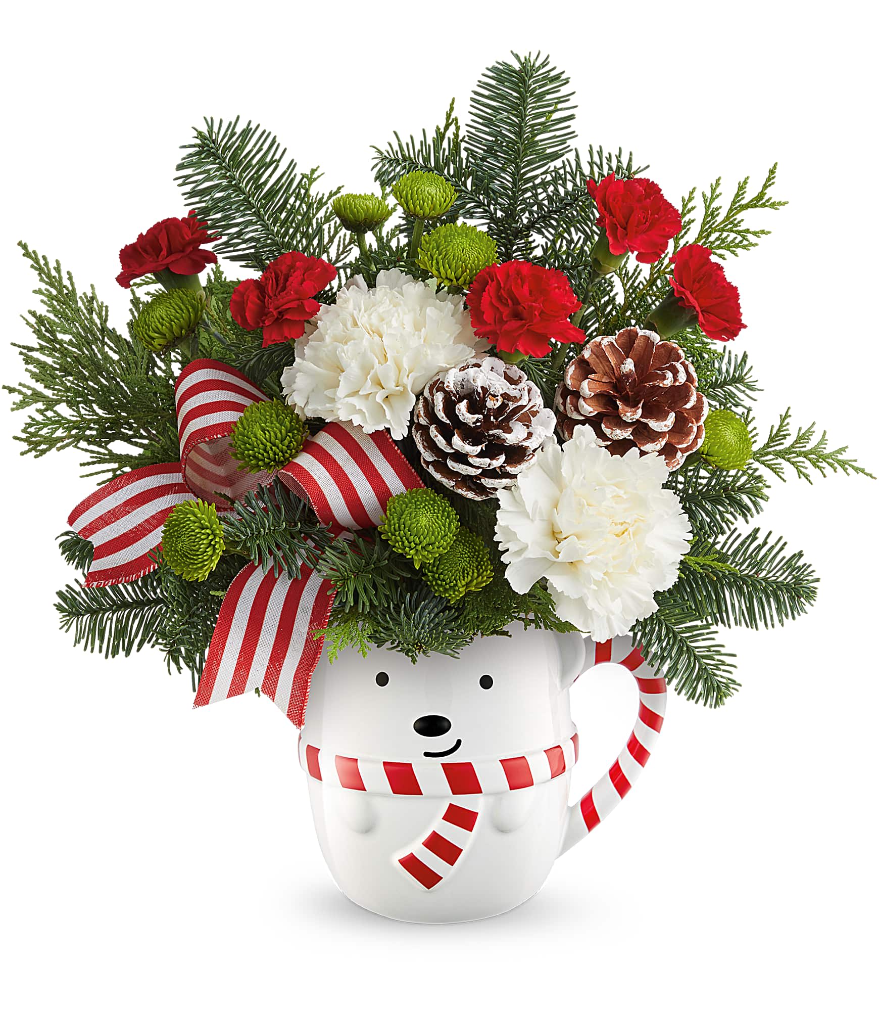 Send A Hug Bear Hugs &amp; Wishes Bouquet - Send A Hug® Bear Hugs &amp; Wishes Bouquet delivers holiday smiles! With white and red blooms, fresh greenery, and our keepsake bear mug, it's the cutest way to send warm wishes this Christmas.