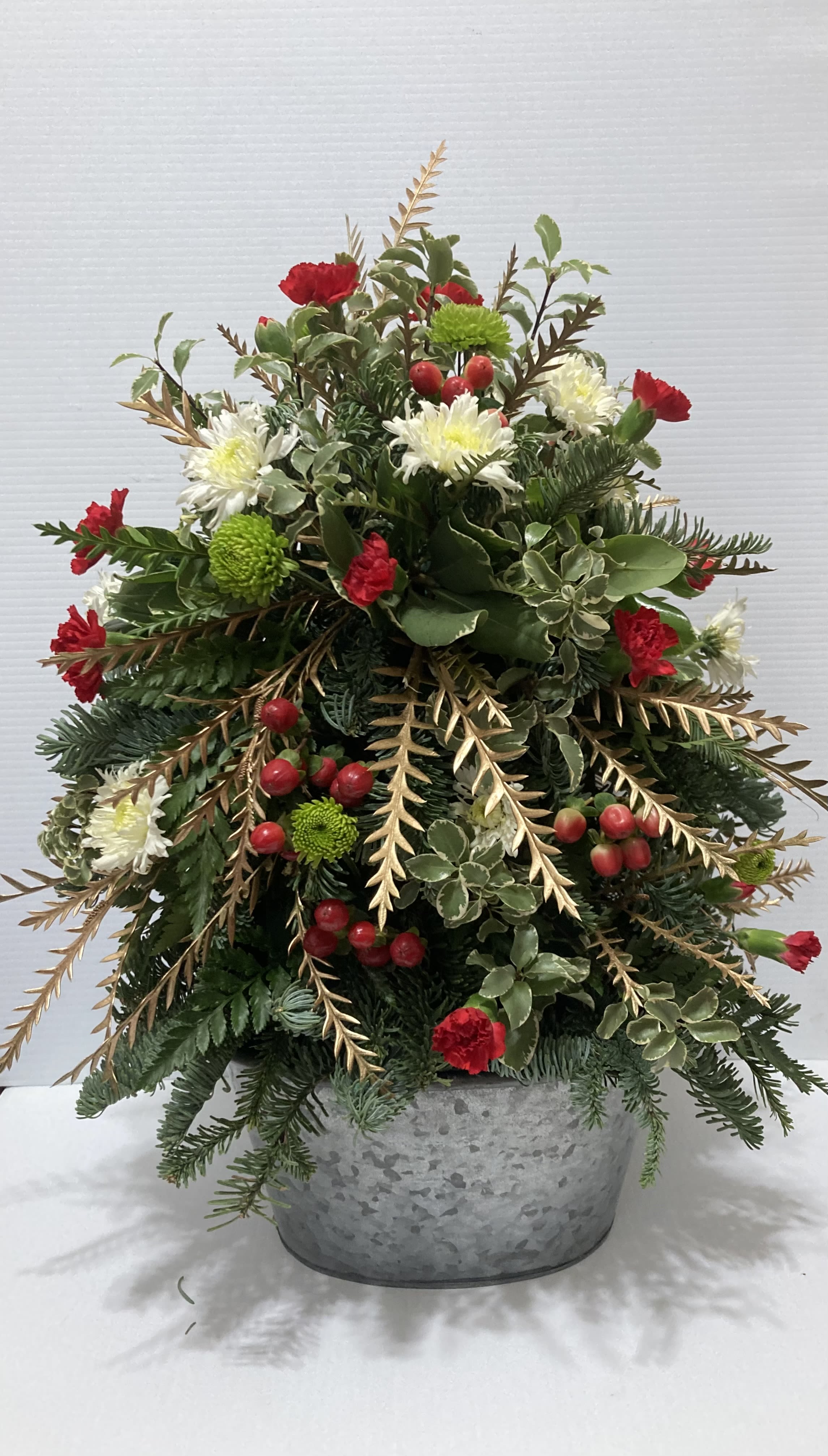 Floral Tree - Stunning floral holiday tree with evergreen, carnations, mums, and berries 