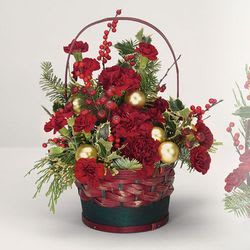 Greeting Basket - Yuletide Greetings Basket is sure to make a grand impression with carnations, holiday ornaments, holly and more!