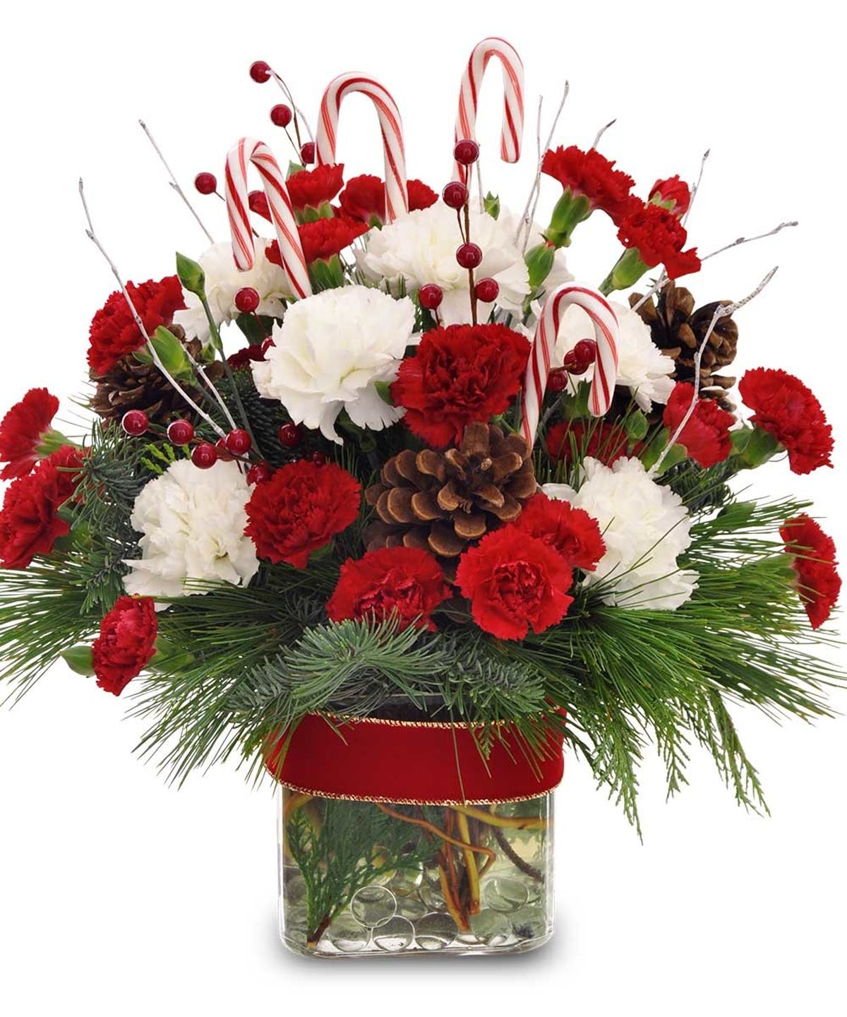 Sweet Christmas - When you're looking for something extra sweet, this is the arrangement to send! Topped off with real candy canes, this lovely assortment also comes packed with red and white carnations and fragrant seasonal evergreens.