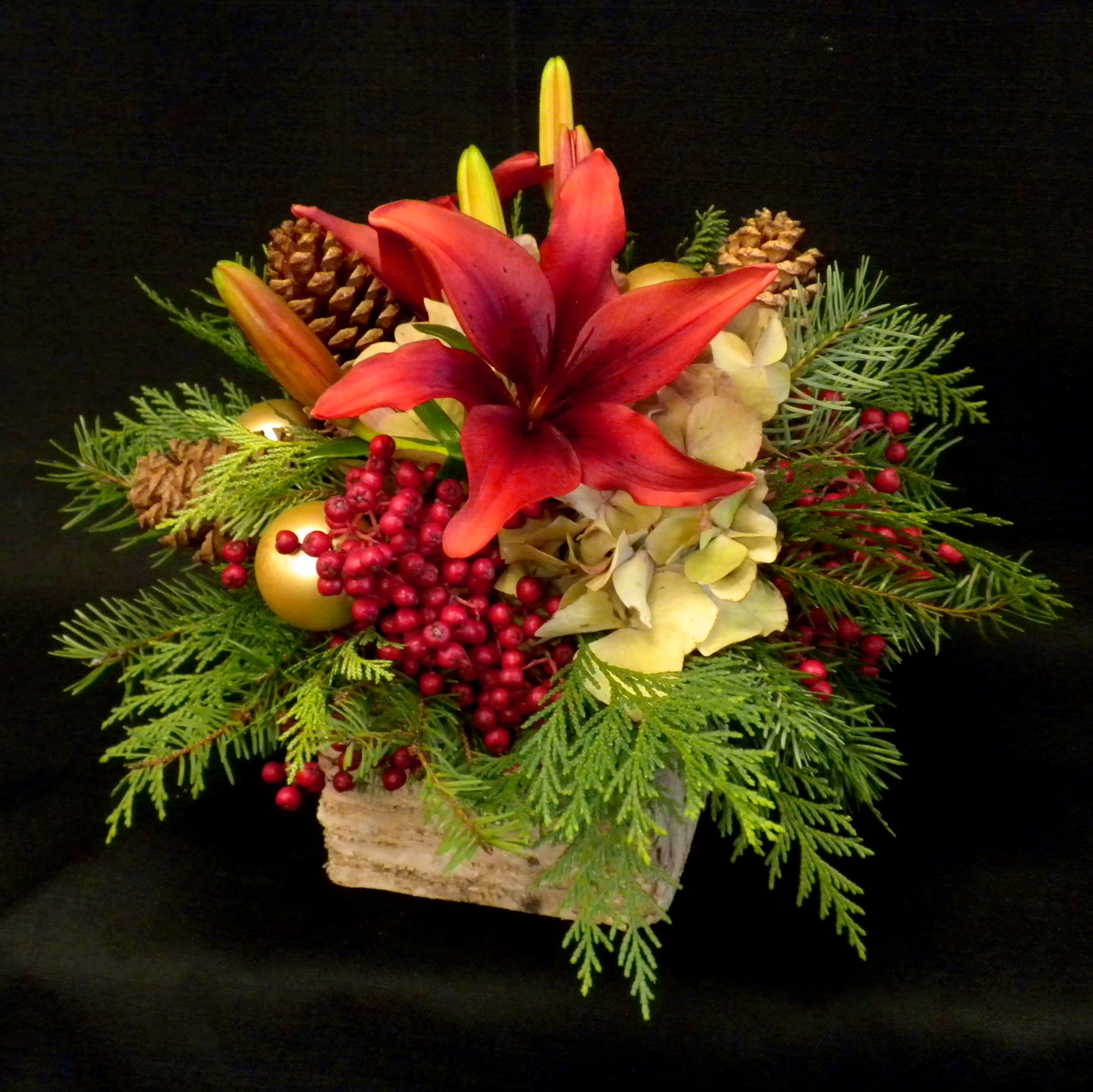 Not a Creature was Stirring - Natural and woodsy feel, this arrangement will bring a festive, holiday feel. Hydrangea, Lilies, pinecones, balls and berries. H05-13