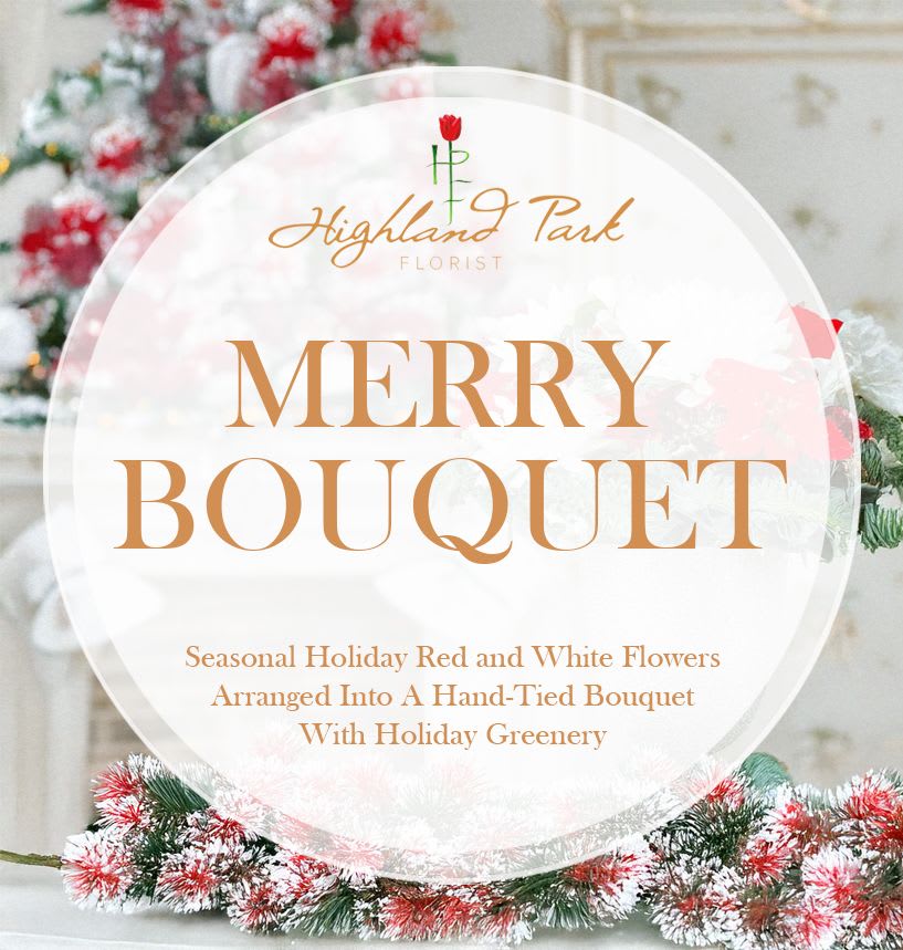 Merry Bouquet - Seasonal holiday red and white flowers arranged into a hand-tied bouquet with holiday greenery.