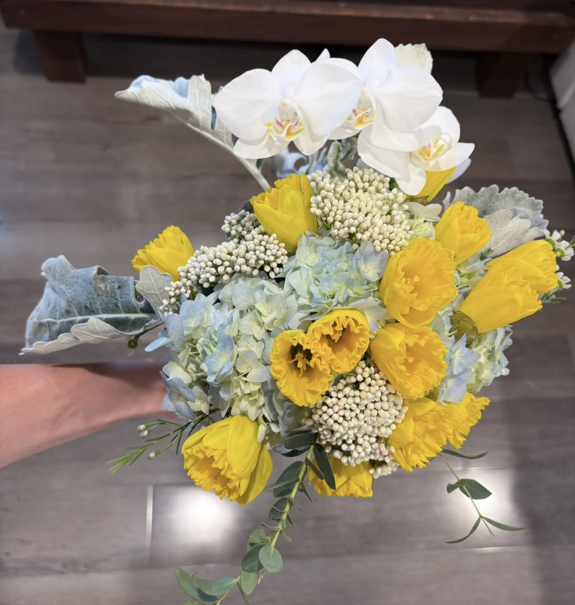 Yellow and light blue bouquet - Mix of beautiful flowers wrapped in paper , please write on “special instructions “ if you prefer it in glass base 