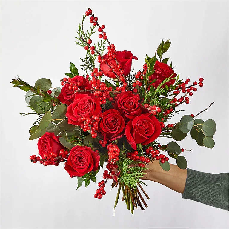 FTD DECEMBRRR BOUQUET - DECEMBRRR BOUQUET  Striking red roses, berries and delightful holiday greens make for an exquisite way to share a seasonal greeting, anniversary love, or birthday wish!