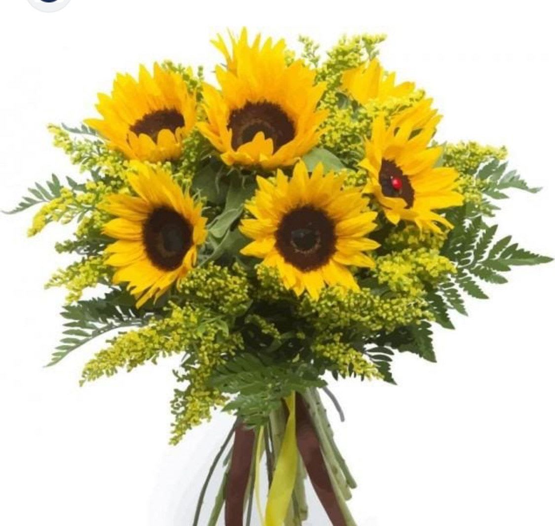 Sunflower Lovers  - Local grown sunflowers arranged with greens, solidago, in a clear vase. 