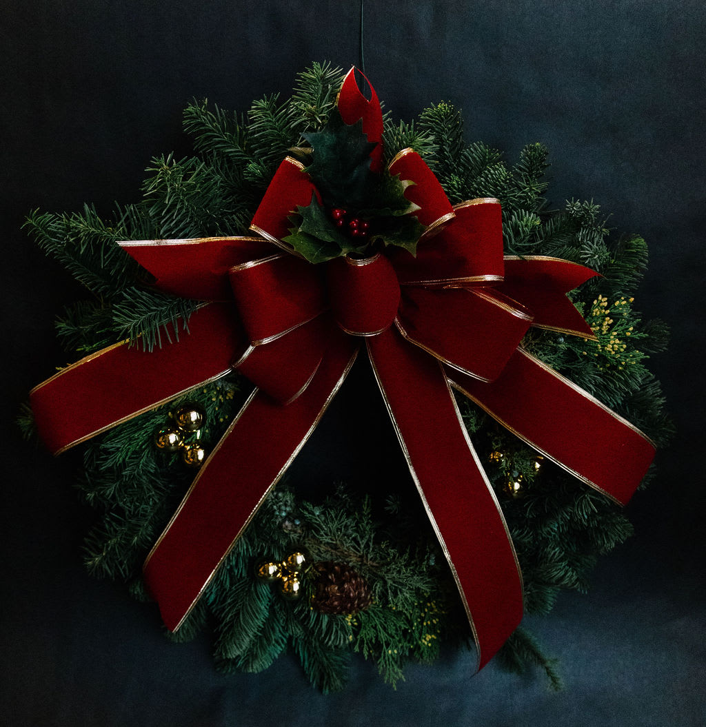 Classic Wreath - A 24&quot; mixed pine wreath decorated with a lux velvet red ribbon, cones and gold ornaments.