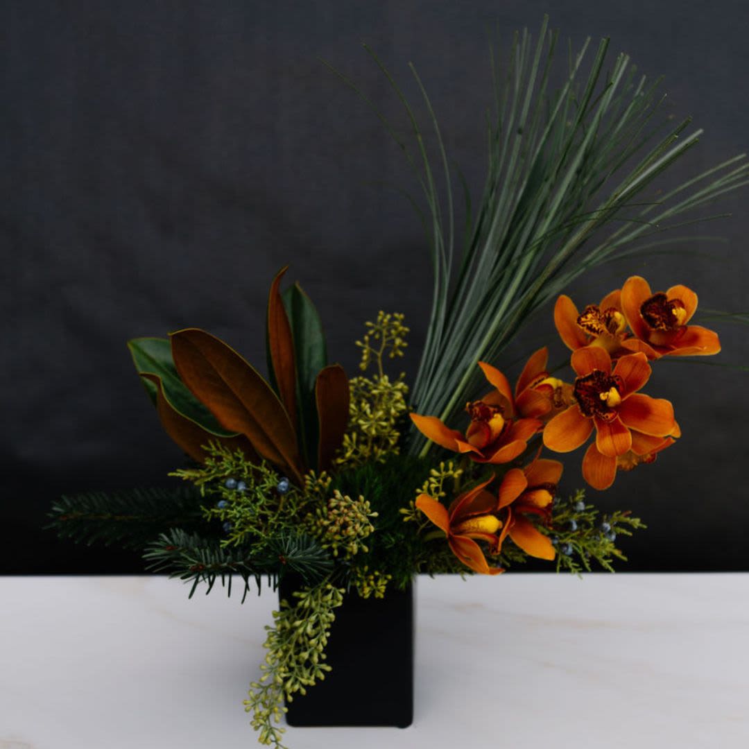 Golden Evergreen - A chic and modern holiday floral arrangement that captures the essence of winter’s serene beauty with a touch of luxurious sophistication.  Fragrant winter pines, glossy magnolia leaves and the warmth of the bronze** mini cymbidium spray create a harmonious balance of natural textures and refined elegance, perfect for a contemporary holiday setting that celebrates the season with style and grace. **mini cymbidium color may vary with availability