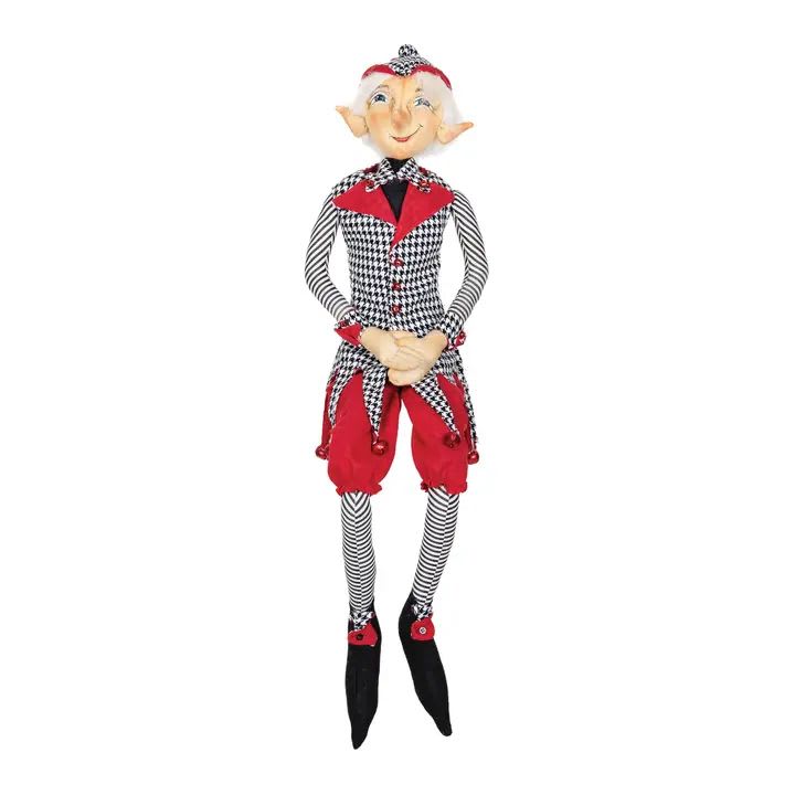 Peri Elf - Peri Elf is dressed to impress in a classic black and white hounds tooth ensemble, complete with a festive touch of jingle bells. Whimsically wonderful, this uniquely handcrafted art doll from Joe Spencer's Gathered Traditions' collection will bring a touch of fun to your home during the Christmas season. Create a matching set with our Pixie Elf collectible. Dimensions: 7 x 7 x 34 in (17.8 x 17.8 x 86.4 cm)