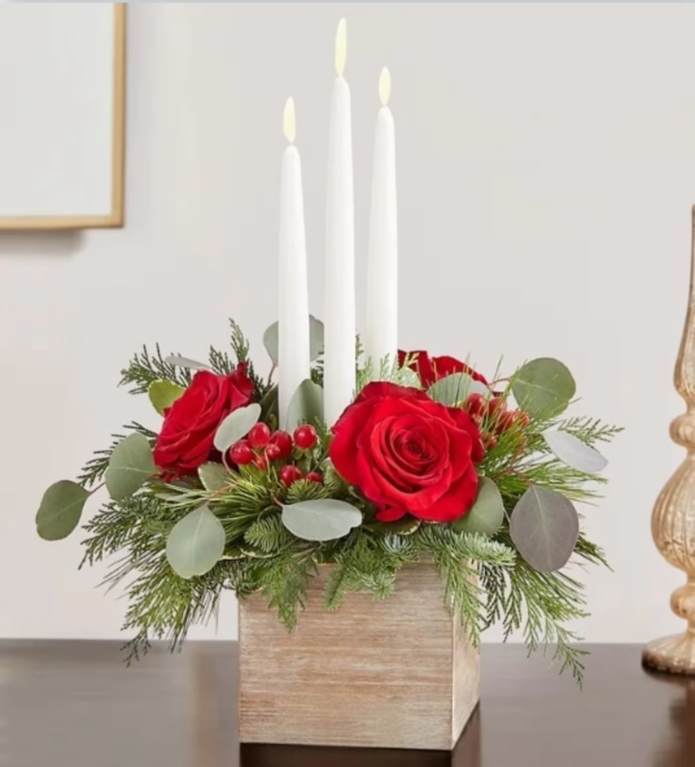 Rustic Woodland  - A Word vase with red roses and Christmas greens with Candles (red or white) 