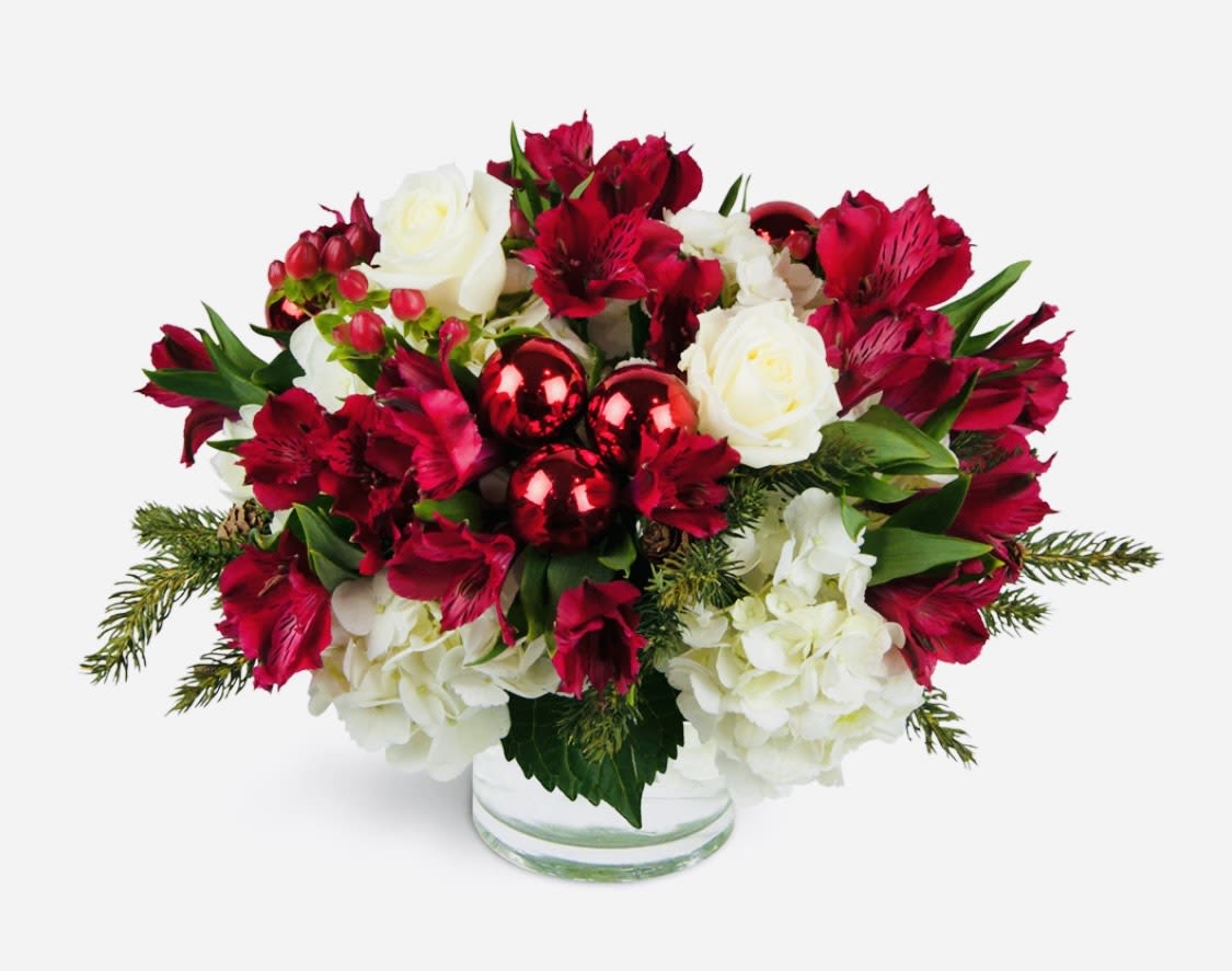 Merry Christmas Festive - Red alstroemeria and white hyndrangeas spread holiday cheer