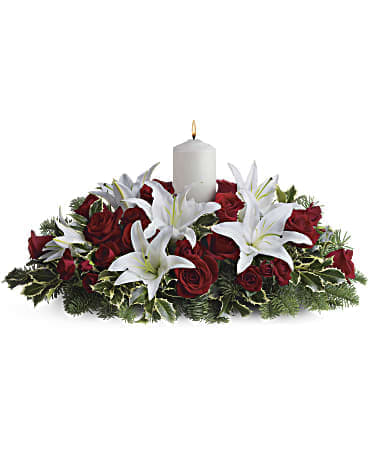  Roses and Lilies Centerpiece - This beautiful centerpiece  Make of red roses, white asiatic lilies, noble fir and holly branches.