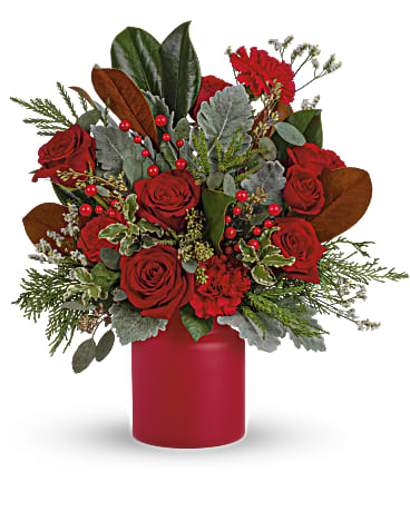 Wonderful  Bouquet - Simply unique, this gorgeous green and red design is artfully hand-arranged in a timeless matte red vase. Red roses, red carnations are surrounded by velvety dusty miller and various seasonal greens create an eye-catching wild &amp; wonderful look.