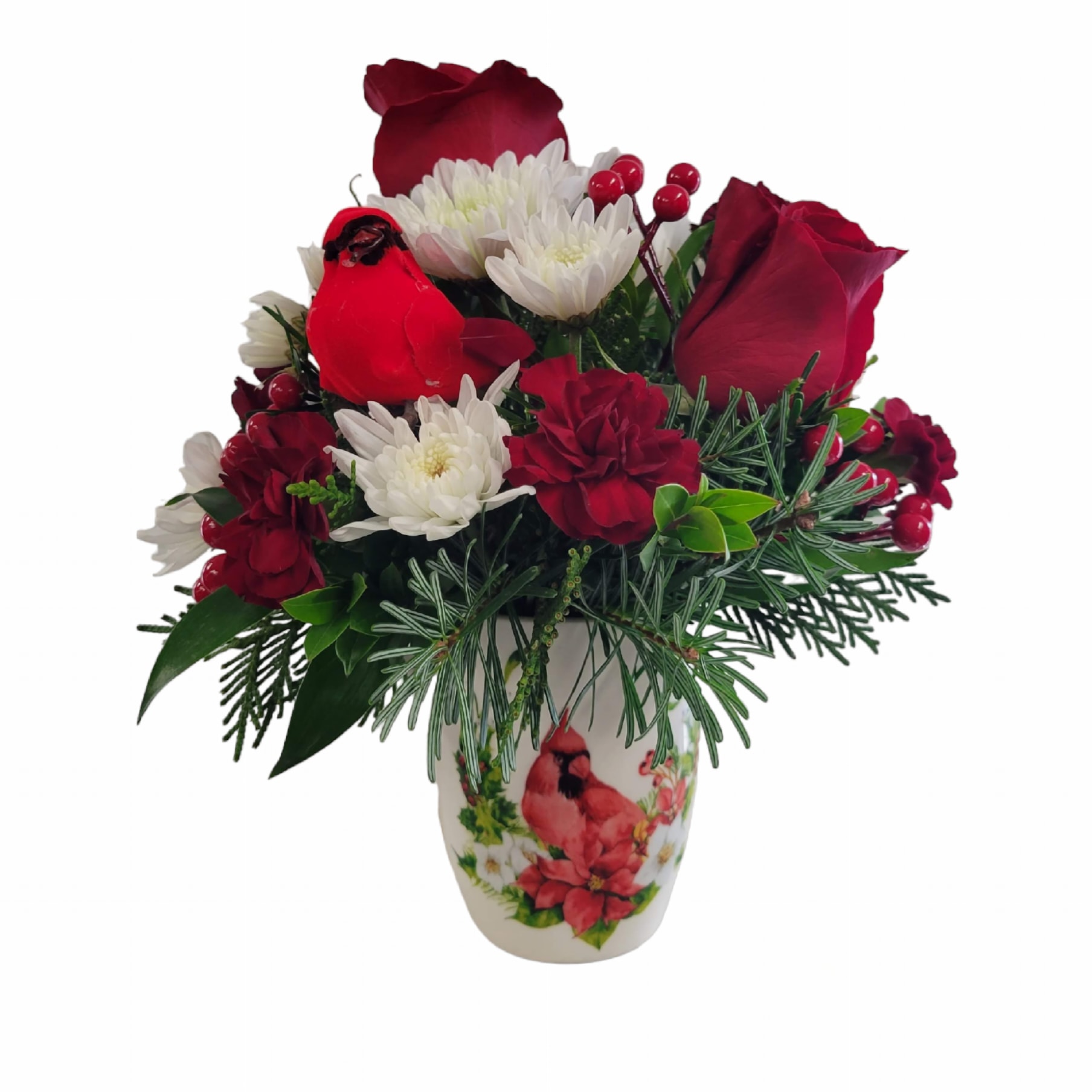 Cardinal Mug - Keepsake Cardinal Mug with red roses, white mums, red minicarns and faux red berries.
